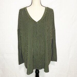 Cool Melon Striped Long Sleeve V-Neck Top Olive Green Size 2XL
